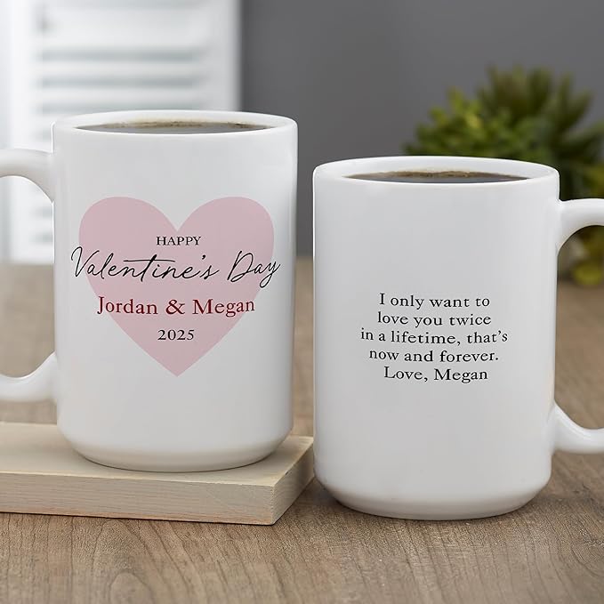 Personalization Universe Our First Valentine's Day Personalized Coffee Mug - 15 oz Ceramic - Customizable Text & Names - Ideal Valentines Day Gifts for Him - Microwave/dishwasher Safe - White