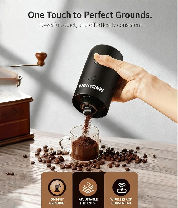Electric Coffee Grinder, NRUVIZENS One Touch Coffee Bean Grinder with 12-Cup Capacity, 25W Low Noise Pure Copper Motor, Adjustable Settings, Quiet Operation, Easy Clean