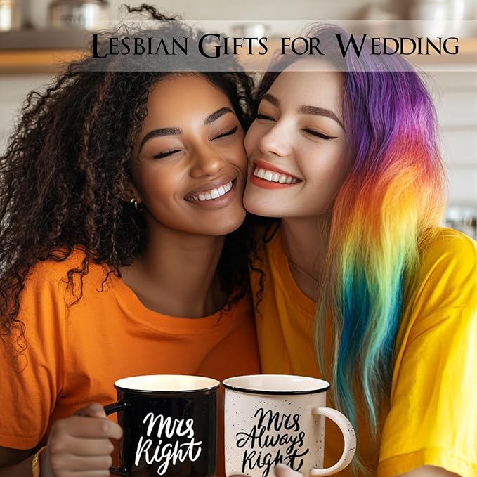 Physkoa Lesbian Wedding Gift – Mrs. Right & Mrs. Always Right Mug Set, Funny Lesbian Gift for Her, 11oz Ceramic Coffee Cups for Lesbian Couple, Engagement or Anniversary