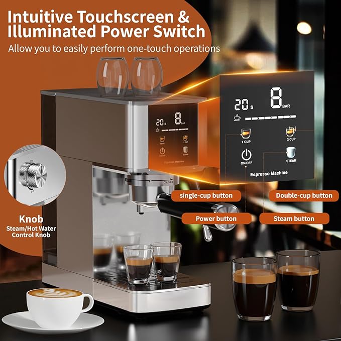 Kismile Espresso Machine 20Bar with Milk Frother, Professional Coffee Maker with Capsule Funnel|LED Display|48oz Removable Water Tank, Pre-Infusion for Espresso, Cappuccino at Home or Office