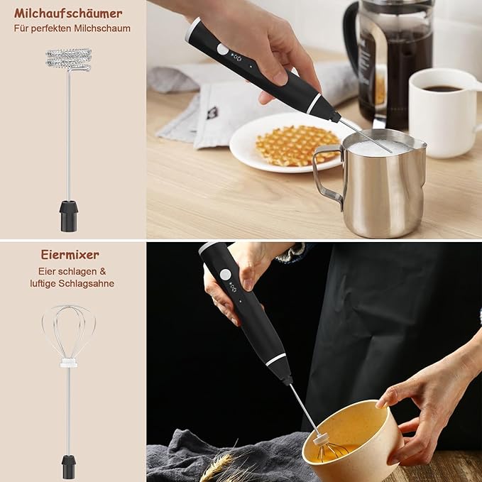 FITNATE Rechargeable Electric Foam Maker Drink Mixer 3 Speeds with 2 Stainless Steel Whisks, Frother for Coffee, Hot Chocolate, Latte, Cappuccino, Includes Frother Cup