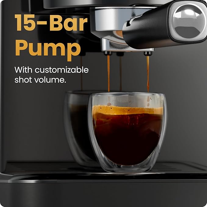 Chefman CraftBrew Espresso Machine, 15-Bar Pump Digital Espresso Maker w/Steam Wand for Latte & Cappuccino, Compact Espresso Coffee Machine w/ 1.5L Removable Water Reservoir - Black
