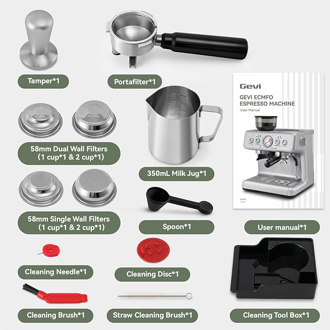Gevi Dual Boiler Espresso Machine with Built-in Grinder & Barista Steam Wand | 58mm Commercial Portafilter, 31 Grind Settings, Stainless Steel | For Home Barista Use