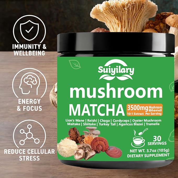 10 Mushroom Matcha Powder with Lion's Mane, Reishi, Mushroom Polysaccharides & More, 3500mg(10:1) Extract, Japanese Ceremonial Matcha for Focus, Energy, Immunity Boost, Memory - 30 Serving