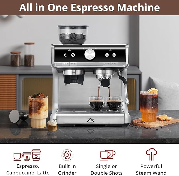 Semi-Automatic Espresso Machine, 20 Bar Professional Coffee Maker with Grinder, 1450W Fast Heating, 30 Grind Settings, Milk Frother Steam Wand, 2.8L Water Tank, Home & Kitchen Espresso Machines, Gray