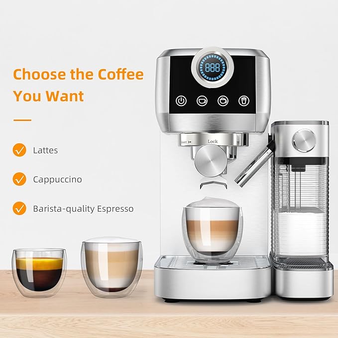 MAttinata Cappuccino Coffee Machine, Espresso Machine Touchscreen Control with Auto Milk Frother, Stainless Steel Espresso Maker 20 Bar, Latte Coffee Maker with for Home, Office with Timer