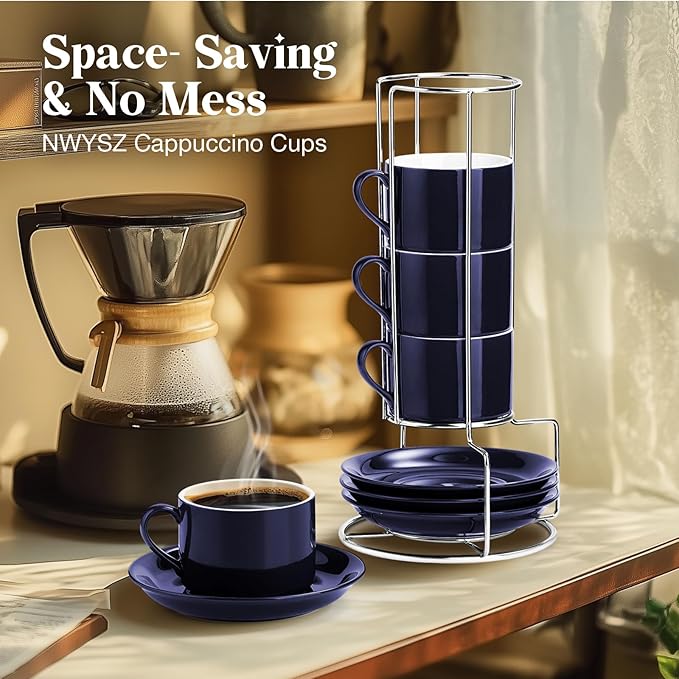 NWYSZ 8 Ounce Blue Porcelain Stackable Cappuccino Cups with Stainless Steel Holder, Set of 4, Durable Ceramic, Perfect for Home, Office or Gift