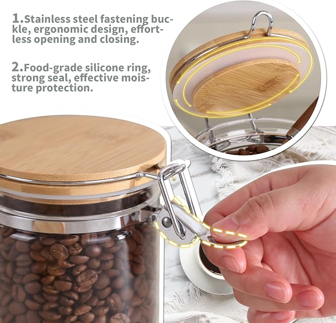 KKC Airtight Coffee Canister, Glass Coffee Bean Storage Contaienr with Silicon Scoop Holder, Non-Slip Silicon Coffee Storage Canister with Spoon for 1 lb Bean,40 Fluid-oz