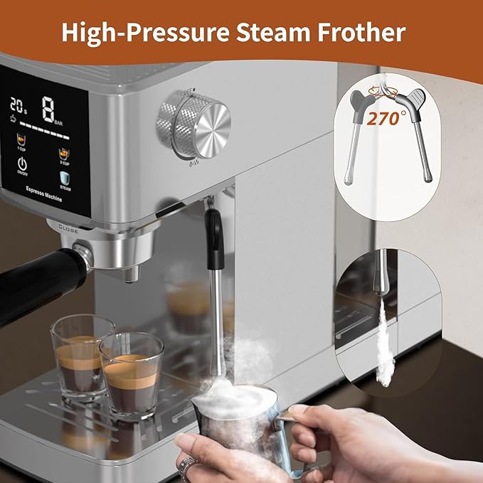 Kismile Espresso Machine 20Bar with Milk Frother, Professional Coffee Maker with Capsule Funnel|LED Display|48oz Removable Water Tank, Pre-Infusion for Espresso, Cappuccino at Home or Office