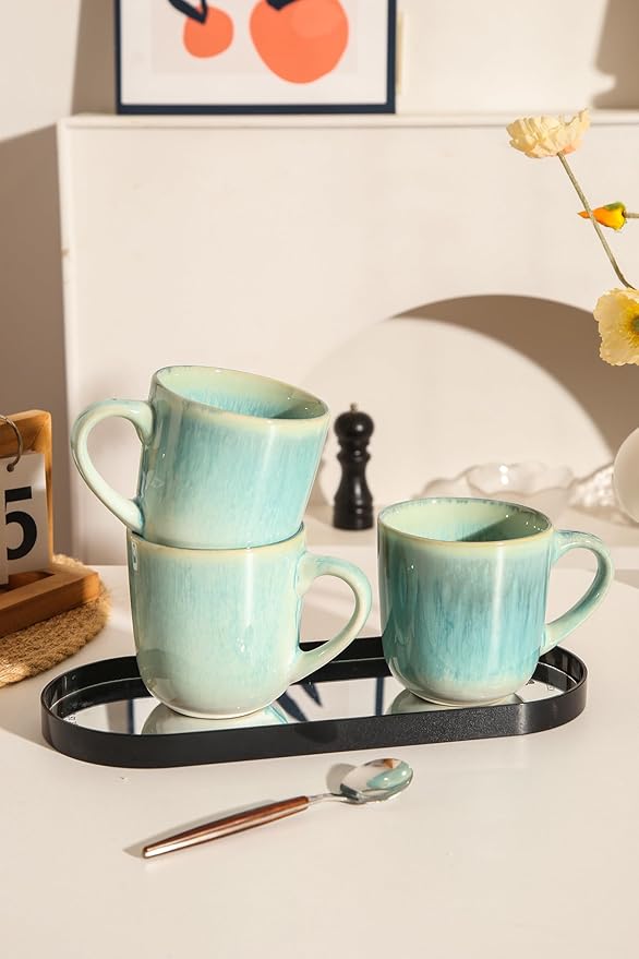 Stoneware Coffee Mugs Set of 4, 12 oz Aqua Ceramic Coffee Cups Microwave and Dishwasher Safe Stackable Coffee Mug Set with Easy Grip Handle for Home Kitchen Office Gift Set