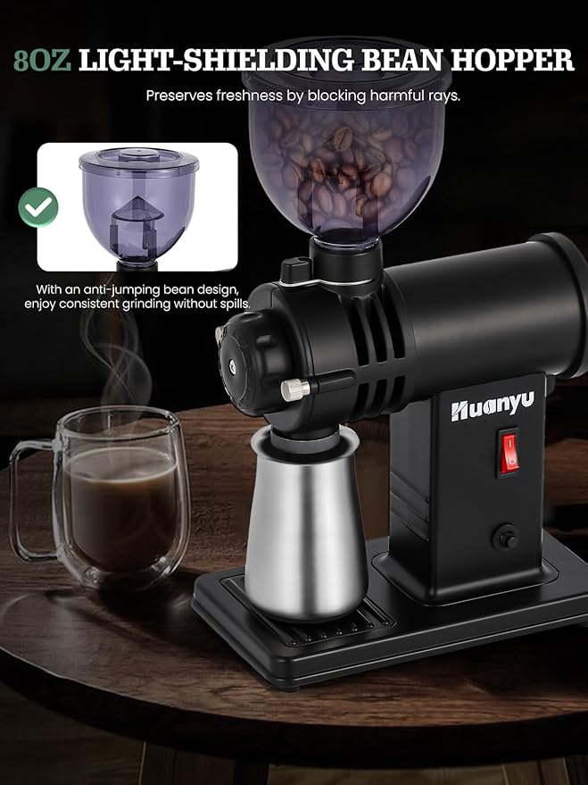 Huanyu 78mm Stainless Steel Ghost Teeth Burr Coffee Grinder Electric - Light-Shielding Hopper for Home Pour Over Coffee, Black
