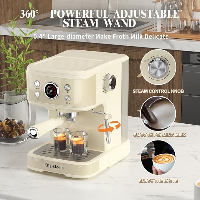 Espresso Machine 20 Bar, 2 in 1 Espresso Maker with Milk Frother Steam Wand for Latte and Cappuccino, Powder and Capsule Portafilter, 50oz Removable Water Tank Coffee Machine for Home-White