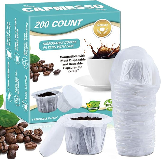 CAPMESSO Disposable Coffee Filters with Lid Kerig Paper Filter for Reusable Single Serve Pods Compatible with Keurg 2.0 & 1.0 Coffee Maker (White, 200)