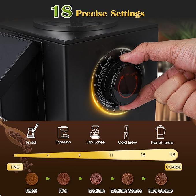 Commercial Coffee Grinder Heavy Duty - 18 Precise Settings, 64mm SS Flat Burrs, Touch Control, 35oz Hopper for Business and Home Use, 400w