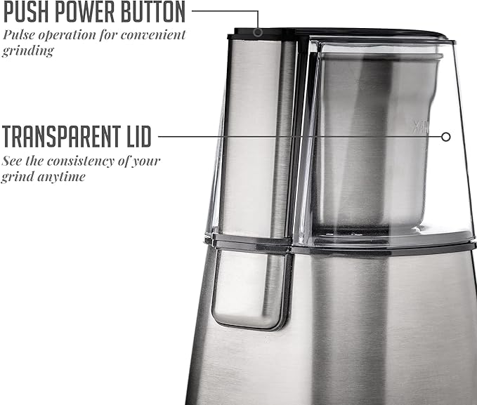 OVENTE Electric Coffee Grinder, 200W Powerful Coffee Bean & Spice Grinder with 2.1 Oz Removable Grinding Bowl, Stainless Steel Blade, Push Power Button, Transparent Lid & Anti-Skid Feet, Silver CG620S