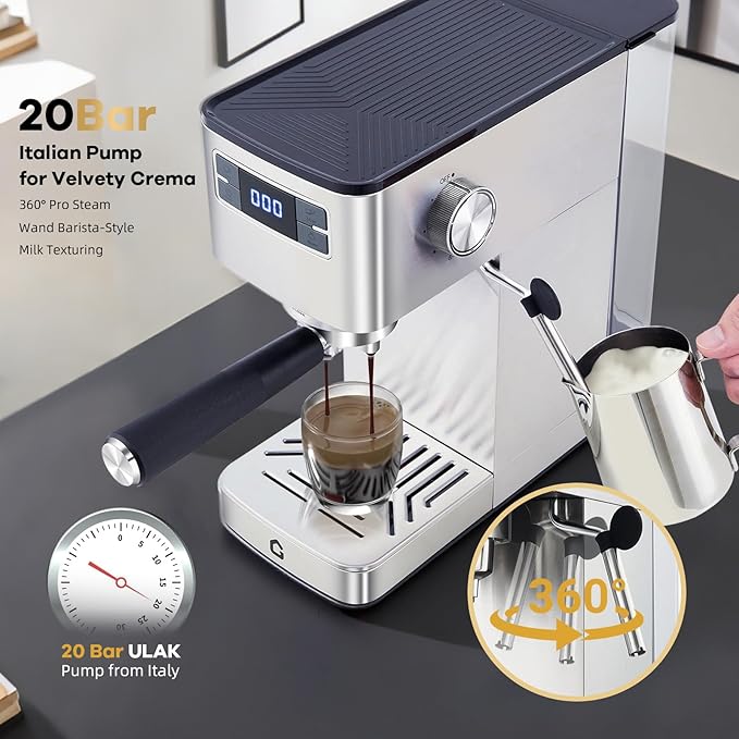 GarveeHome Compact 20 Bar Espresso Machine–Stainless Steel, Steam Milk Frother, Removable Tank for Cappuccino/Latte,(Silver)