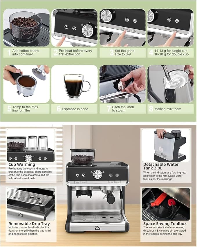 20 Bar Espresso Machine For Home Barista, Coffee Espresso Machine for Cappuccino, Latte, Automatic Espresso Maker with Milk Frother Steam Wand, PID Temp Control, 95OZ Water Tank,Gray