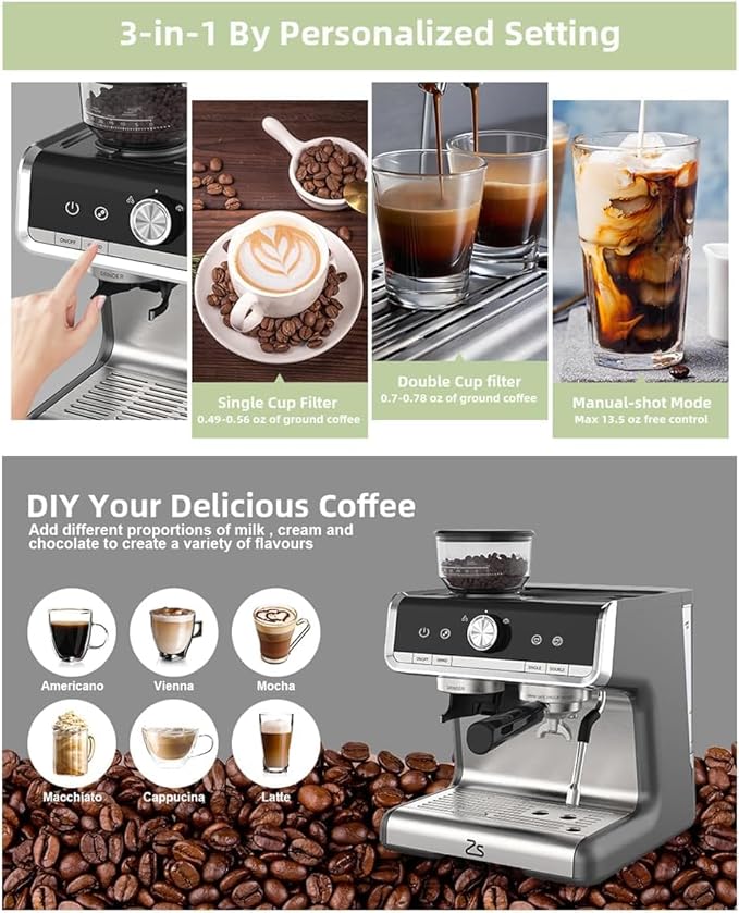 20 Bar Espresso Machine For Home Barista, Coffee Espresso Machine for Cappuccino, Latte, Automatic Espresso Maker with Milk Frother Steam Wand, PID Temp Control, 95OZ Water Tank,Gray