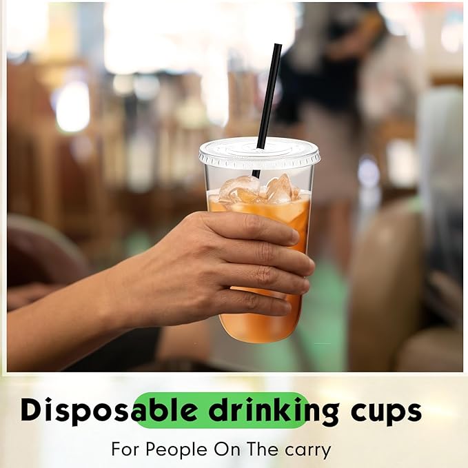 100 Set 18 oz Clear Plastic Cups with Lids and Straws, Disposable Iced Coffee PET Cups for Drinking Cold Beverage Juice Parfait Smoothie Milkshake Coffee Shops Party Supplies