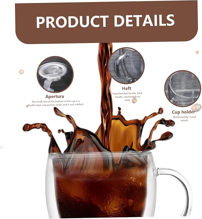 Espresso Cups, 4 Pcs Double Walled Glass Coffee Mugs 5.07 Oz Coffee Mug Clear Glass Espresso Cups Heat-Resistant with Secure Grip Perfect for Tea Milk and Juice, Mug