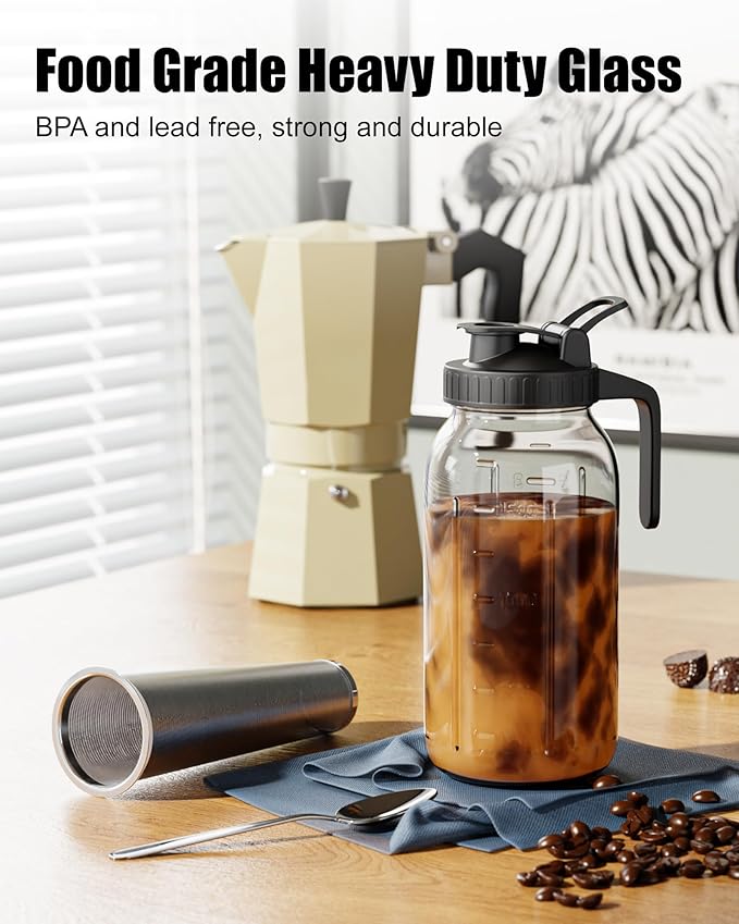 VA1KENE 2-Pack Cold Brew Coffee Maker - 64oz Mason Jar Pitcher with Stainless Steel Filter, Spout Lid for Iced Coffee, Tea, Lemonade & Fruit Drinks