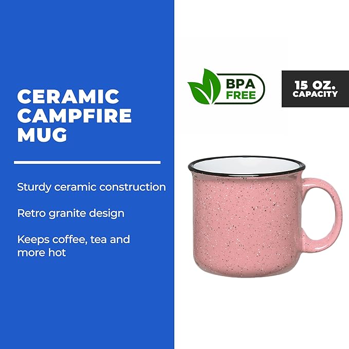 Gifts by Design Set of 8 Ceramic Campfire Mugs – 15 Oz, Pink – Coffee & Tea Cups for Home, Work, Travel, Camping – Customizable, Great for DIY, Events, Companies