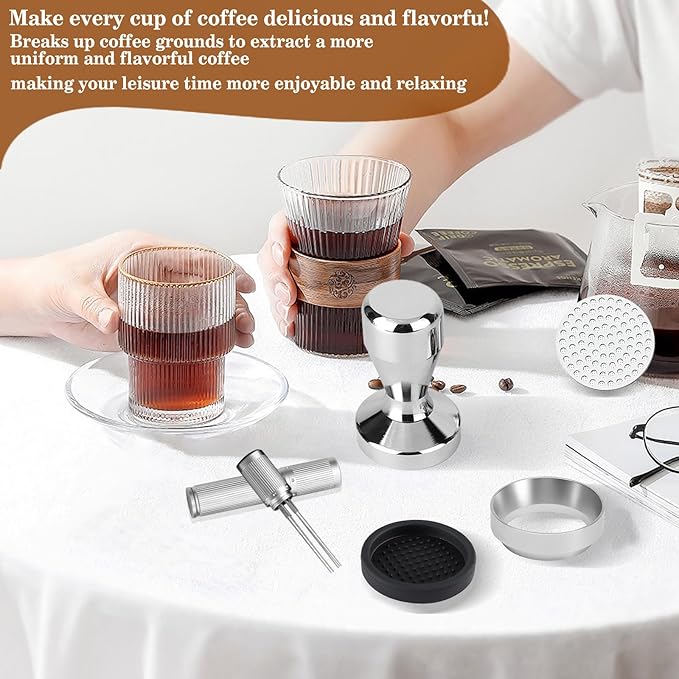 51mm Espresso Accessories Kit, 316 stainless steel Espresso Tamper, WDT Tool, Puck Screen and Dosing Funnel Set Fits Delonghi 51 mm Espresso Coffee Machines and Portafilter, Barista Tools