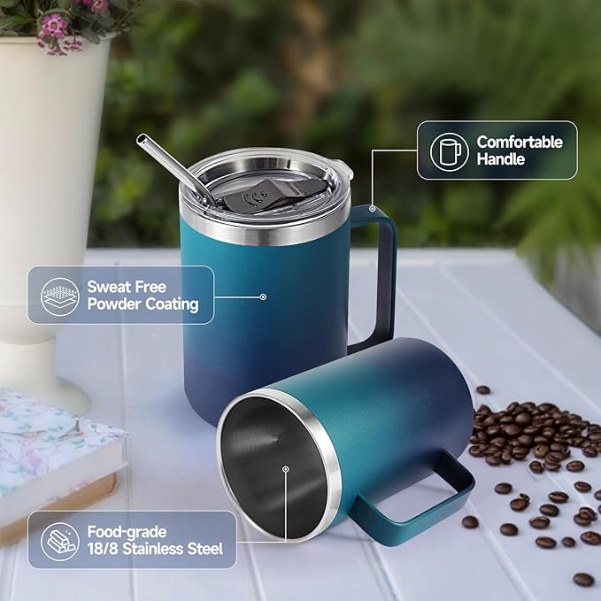 Volhoply 16oz Insulated Coffee Mug with Lid and Straw, Stainless Steel Travel Mugs with Handle, Double Wall Vacuum Leak Proof Coffee Tumbler Cup (Dark Night,1)
