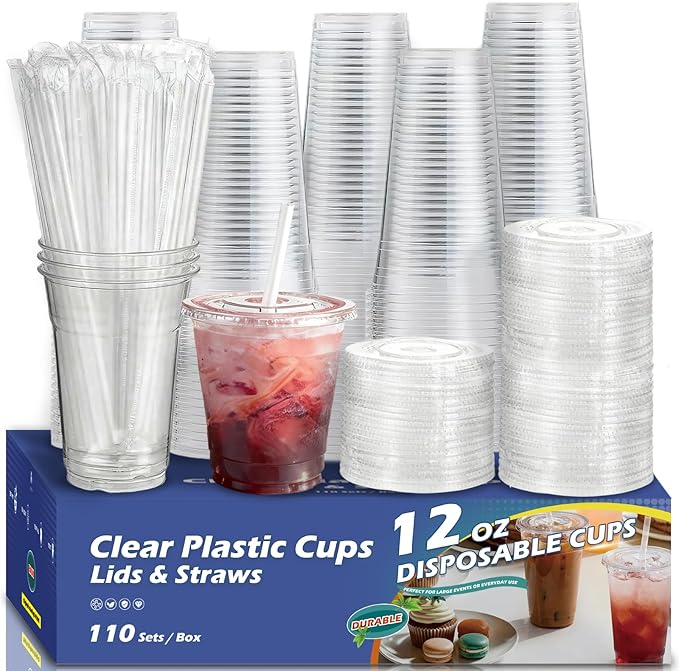 110 Packs 12oz Clear Coffee Cups with Lids and Straws,Leakproof Disposable Iced Coffee Cups,Plastic To Go Cups For Iced Coffee,Cold Drinks,Smoothies