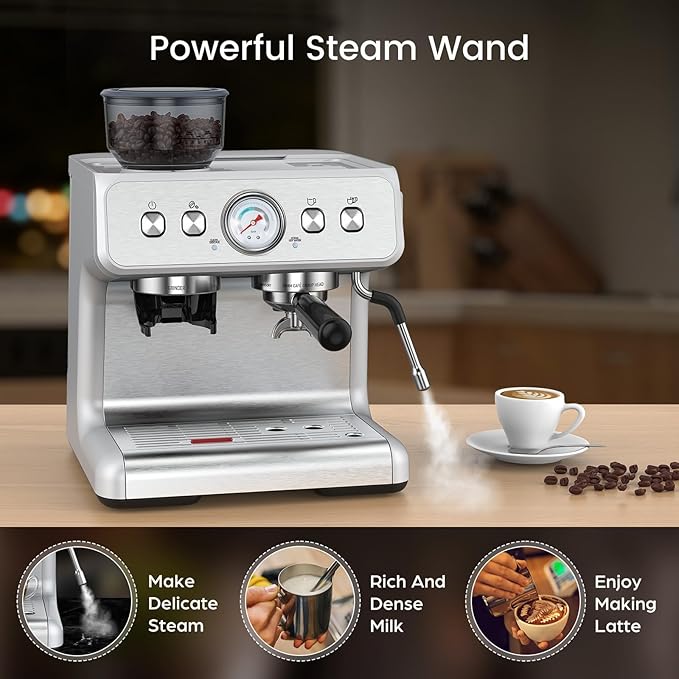 20 Bar Espresso Machine with Grinder & Milk Frother Steam Wand, 58mm Stainless Steel Coffee Maker, Expresso Coffee machines for Home and Café Use, Perfect for Cappuccino and Latte