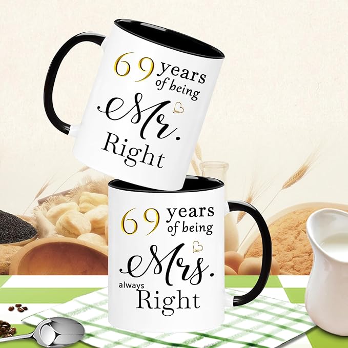 WOSIWULA 69 Year Anniversary Birthday Coffee Mugs Set of 2, 69th Wedding Anniversary Decorations Gifts for Couple Grandparents Parents Women Men Wife Husband Her Him, 69th Birthday Gifts, 11oz