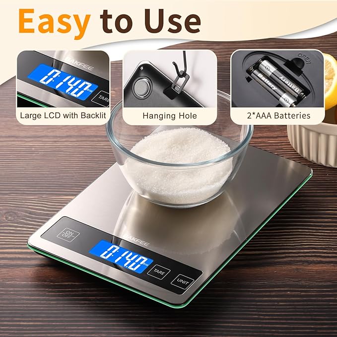 BakFee Food Scale, 15kg/33lb Digital Kitchen Scale with Stainless Steel & Tempered Glass, 1g / 0.05oz Precise Graduation, Waterproof and Sturdy Surface, for Cooking, Baking, Weight Loss, Meal Prep