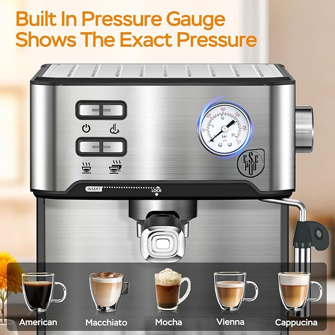20 Bar Espresso Machine with Milk Frother, Dual Shot Coffee Maker, ESE Pod, Pressure Display, 54 OZ Removable Water Tank for Home Barista (Stainless Steel)