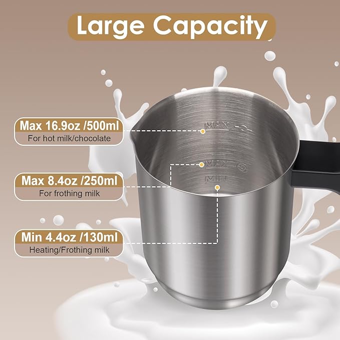ByNaRIX Milk Frother, 16.9 OZ Milk Frother and Steamer, 4 in 1 Electric Milk Frother Dishwasher Safe, Durable Silent Working Frother for Coffee, Hot and Cold Foam Maker, Black
