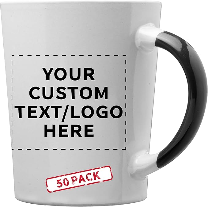 Custom Ceramic Latte Coffee Mugs by Albany 13 oz. Set of 50, Personalized Bulk Pack - Perfect for Coffee, Tea, Espresso, Hot Cocoa, Other Beverages - Black