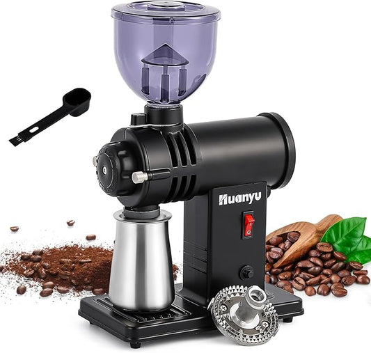 Huanyu 78mm Stainless Steel Ghost Teeth Burr Coffee Grinder Electric - Light-Shielding Hopper for Home Pour Over Coffee, Black