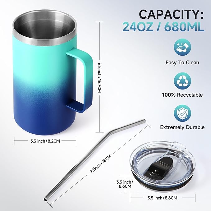 Volhoply 24oz Insulated Coffee Mug with Lid and Straw, Stainless Steel Travel Mugs with Handle, Double Wall Vacuum Leak Proof Coffee Tumbler Cup (Green Blue,1)