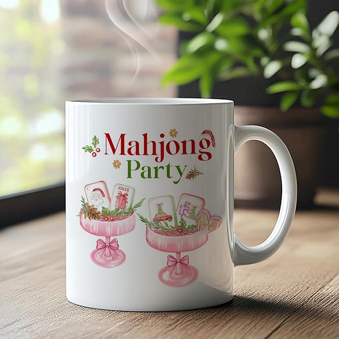 Christmas Pink Mahjong Cocktail Mug, Mahjong Gifts for Women Coffee Cup Ceramic, Gifts for Cocktail Lovers, Holiday Christmas Mah Jong Party Ceramic Coffee Tea Mug 11 oz