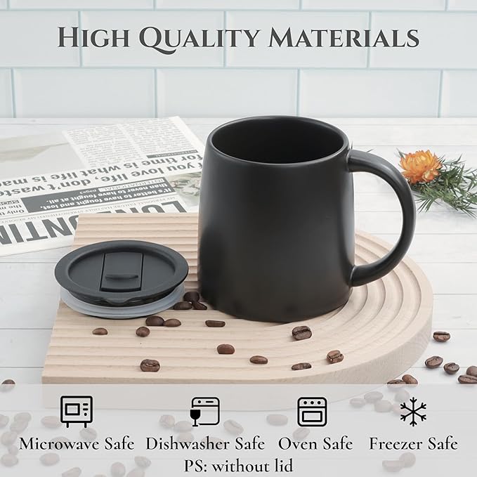 LINVIA Classic Mug, 14 oz Large Coffee Mug with Handle, Ceramic Porcelain Tea Cup, Smooth Matte (Sliding Lid, Black)