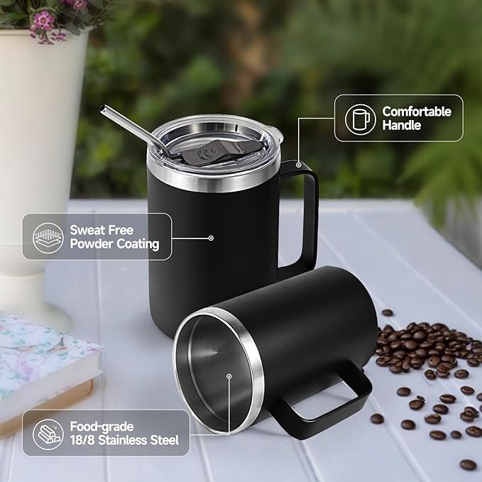 Volhoply 16oz Insulated Coffee Mug with Lid and Straw, Stainless Steel Travel Mugs with Handle, Double Wall Vacuum Leak Proof Coffee Tumbler Cup (Black,1)
