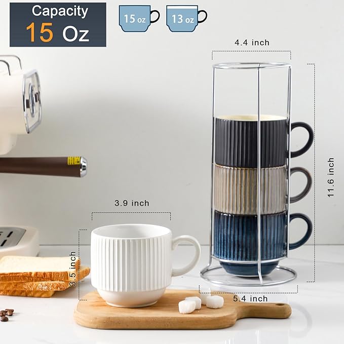 HASENSE Coffee Cups Set of 4 with Stand, 15 OZ Stackable Coffee Mugs with Handle for Tea, Cocoa, Cappuccino, Latte and Americano, Porcelain Vertical Stripe Coffee Cups for Men and Women, Colorful