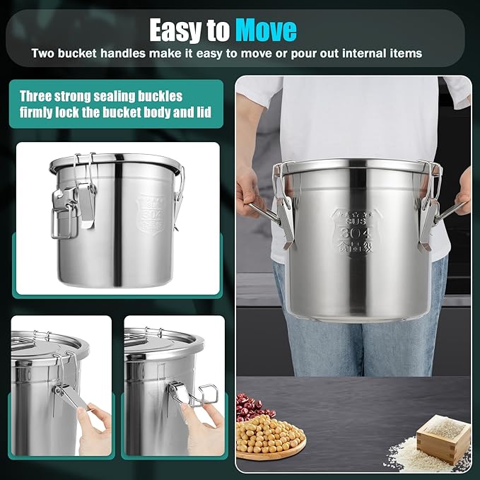 12L/2.64gal Stainless Steel Airtight Canister, Food Storage Canisters with Airtight Lid&Locking Clamp, Rice Container Cereal Grain Canisters, Storager Bucket for Flour, Coffee Bean, Sugar, Cookie