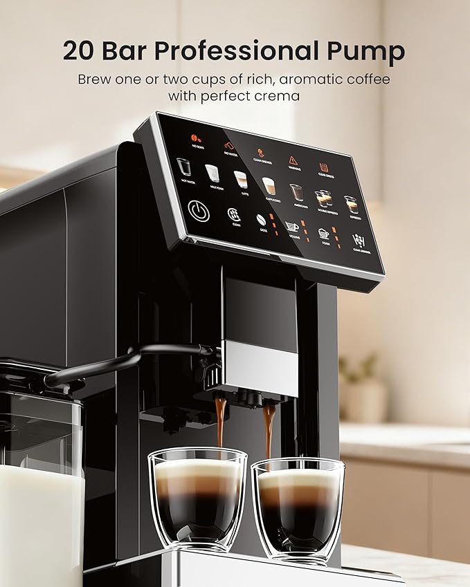 Fully Automatic Coffee Machine, 20 Bar Coffee Maker with Grinder, Automatic Espresso Machine with 15 Grinding Levels, Touch Control for Cappuccino & Latte, Auto Self-Cleaning