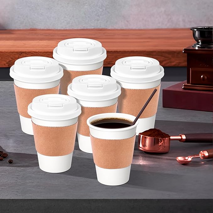 12 oz Disposable Coffee Cups with Lids, Sleeves and Stirrers 100 Pack, Hot Cups with Lids, Leak-Proof To Go Cups for Hot Chocolate, Cocoa, Office, Coffee Bar Accessories
