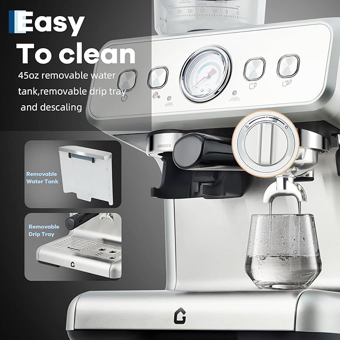 20-Bar Espresso Machine with Grinder – Stainless Steel Coffee Maker – 2.8L Removable Tank, 30 Grind Settings, Adjustable Shot Volume, Milk Frother Steam Wand for Home or Office