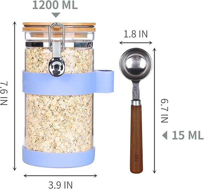 KKC Airtight Coffee Canister, Glass Coffee Bean Storage Contaienr with Silicon Scoop Holder, Non-Slip Silicon Coffee Storage Canister with Spoon for 1 lb Bean,40 Fluid-oz