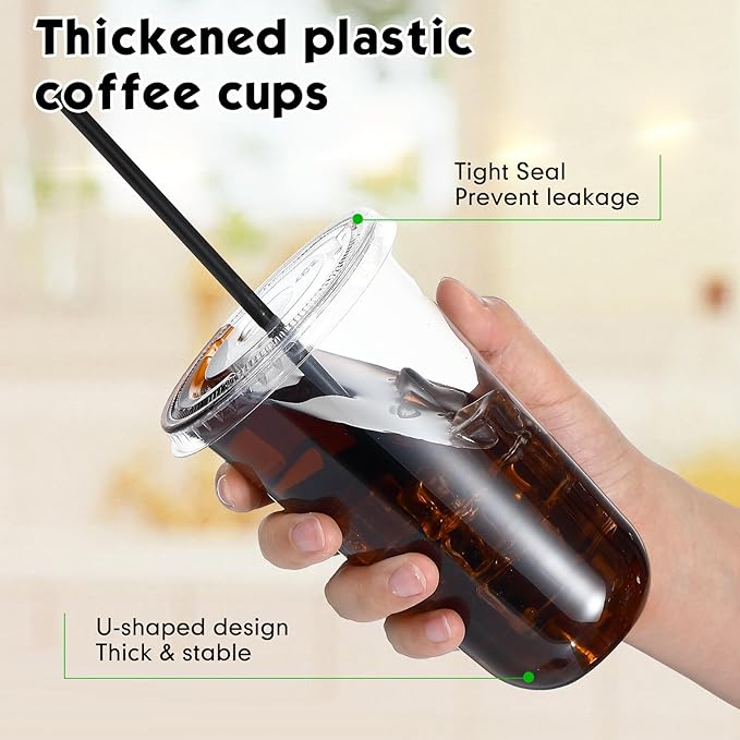 100 Set 18 oz Clear Plastic Cups with Lids and Straws, Disposable Iced Coffee PET Cups for Drinking Cold Beverage Juice Parfait Smoothie Milkshake Coffee Shops Party Supplies