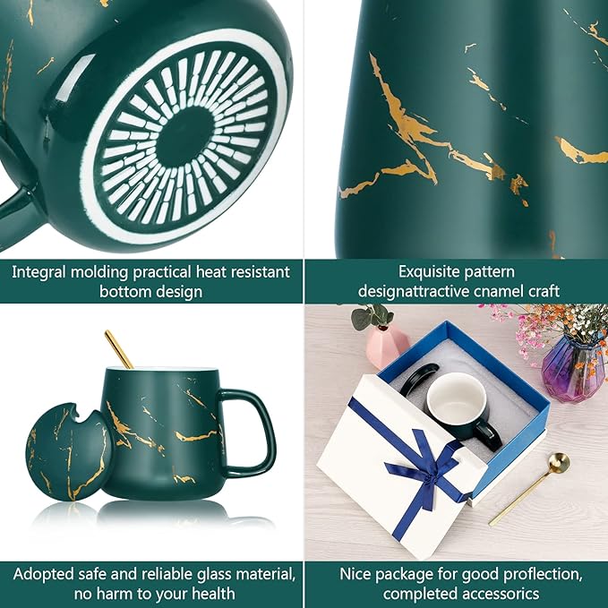 POEKLSYNM Marble-Patterned Ceramic Mug With Lid And Steel Spoon, Making It The For Women, Wives, Mothers, Friends, Mother'S Day, Valentine'S Christmas(Green14oz)