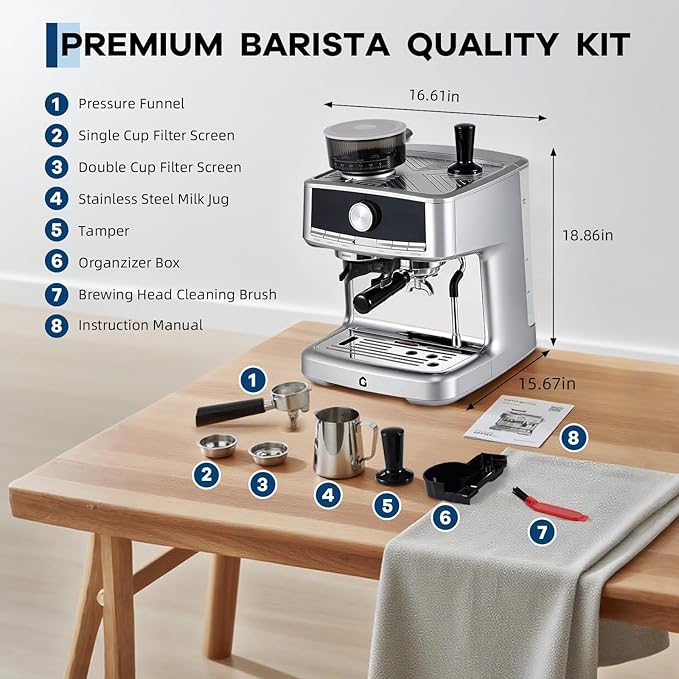 Professional Espresso Machine with Built-in Grinder, 20 Bar Pressure Stainless Steel Coffee Maker with Milk Frother, 1.5l Removable Water Tank for Latte & Cappuccino, Ideal for Home & Office Use