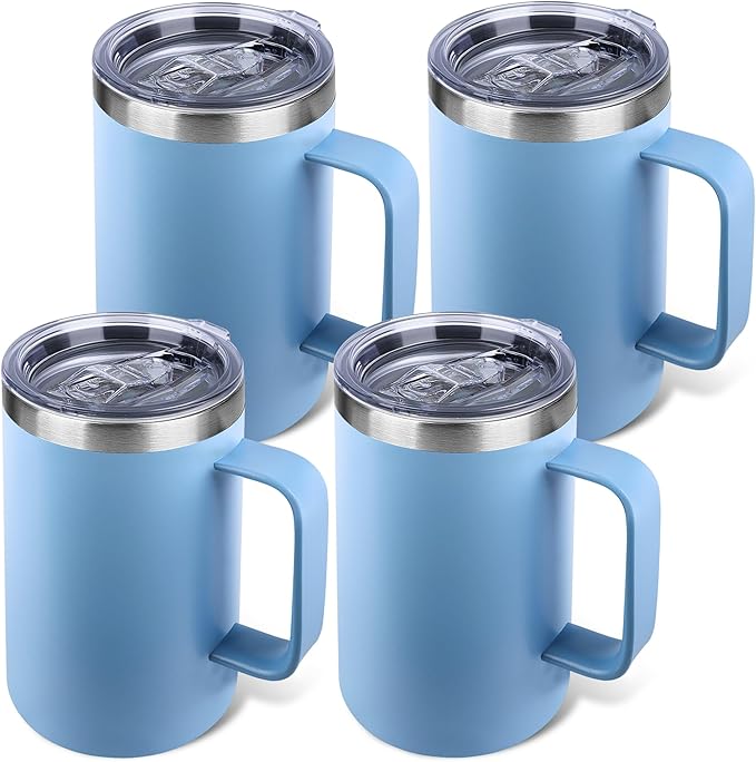 Zynkify 22oz Insulated Coffee Mug with Handle & Leak-Proof Lid - Double Wall Stainless Steel Travel Tumbler Bulk for Commute/Office/Home, Blue, 4 Pack